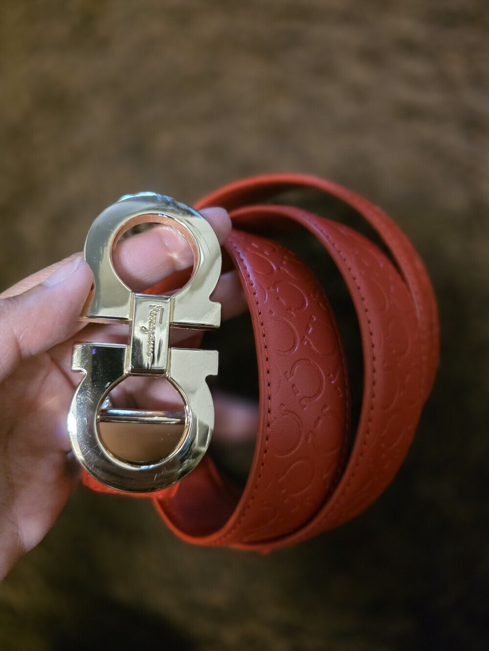 Salvatore Ferragamo Red Embossed Leather Belt with Gold Gancini Buckle